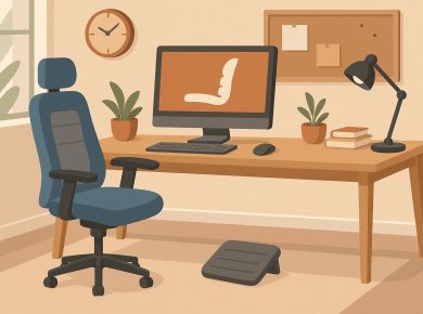 Ergonomic home office setup with adjustable chair, desk, and lumbar support accessories
