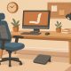 Ergonomic home office setup with adjustable chair, desk, and lumbar support accessories