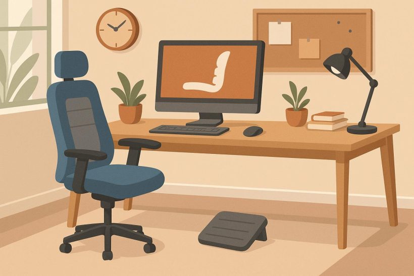 Ergonomic home office setup with adjustable chair, desk, and lumbar support accessories