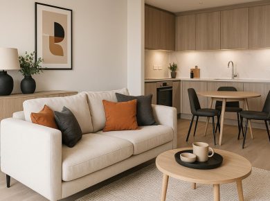 Modern show flat interior featuring stylish furniture and smart home amenities for buyers