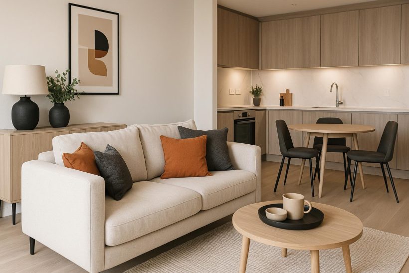 Modern show flat interior featuring stylish furniture and smart home amenities for buyers