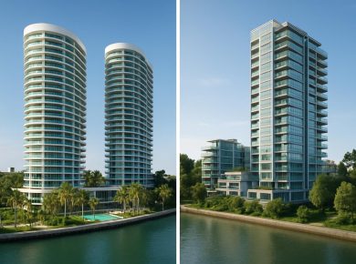 Luxury condos The Continuum and River Green waterfront properties highlighted for comparison