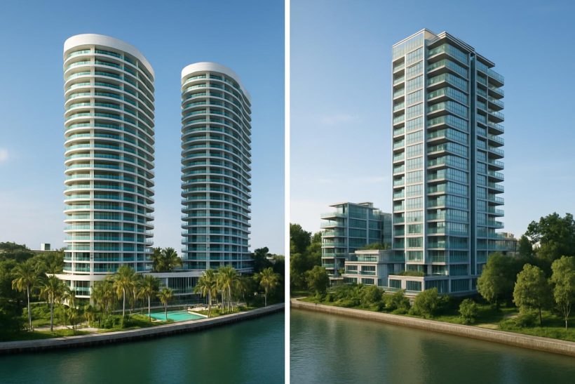 Luxury condos The Continuum and River Green waterfront properties highlighted for comparison