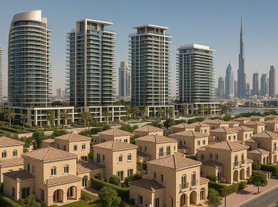 Modern Dubai skyline with upscale residential towers contrasting with affordable apartment buildings