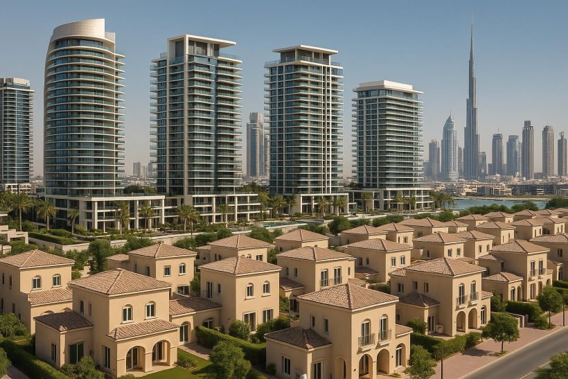Modern Dubai skyline with upscale residential towers contrasting with affordable apartment buildings