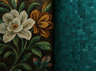 Colorful SICIS and Vidrepur glass mosaic tiles showcasing intricate patterns and artistic designs