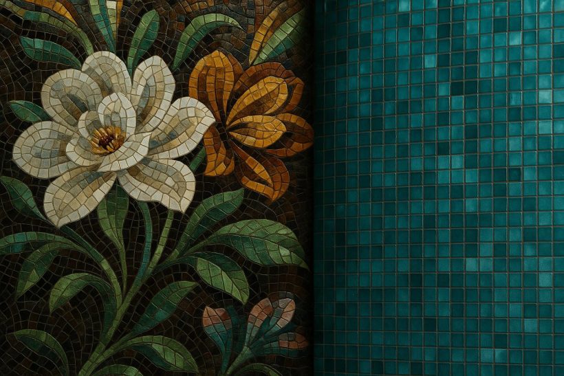 Colorful SICIS and Vidrepur glass mosaic tiles showcasing intricate patterns and artistic designs