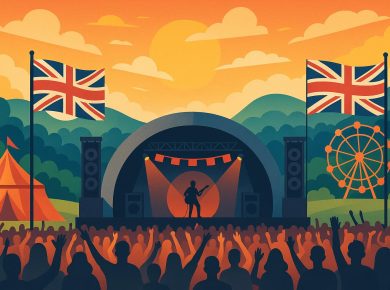 Colorful crowd enjoying live performances at a major UK music festival with flags and stage lights