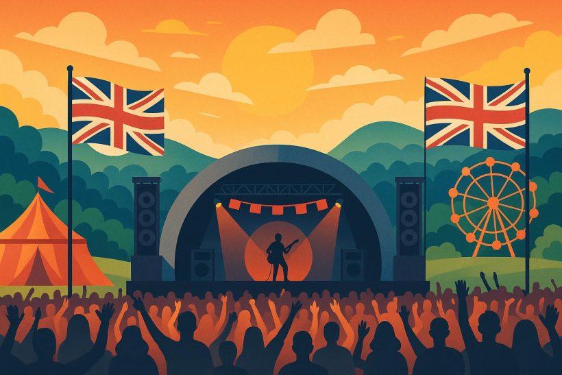 Colorful crowd enjoying live performances at a major UK music festival with flags and stage lights