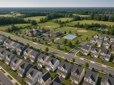 Aerial view of suburban homes and new construction illustrating real estate growth and community trends