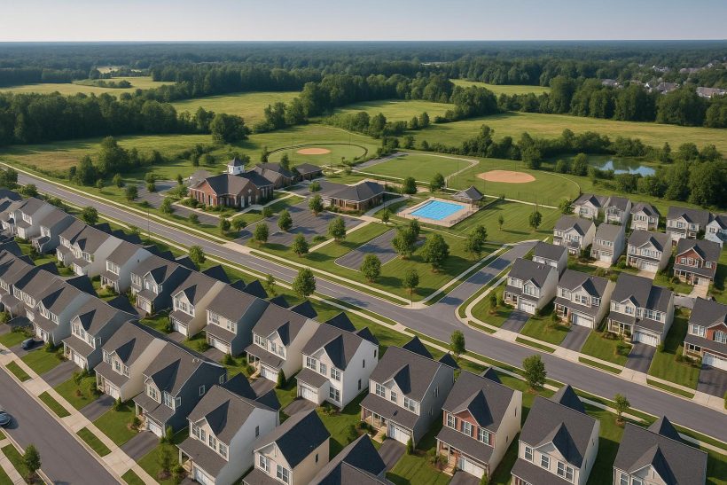 Aerial view of suburban homes and new construction illustrating real estate growth and community trends