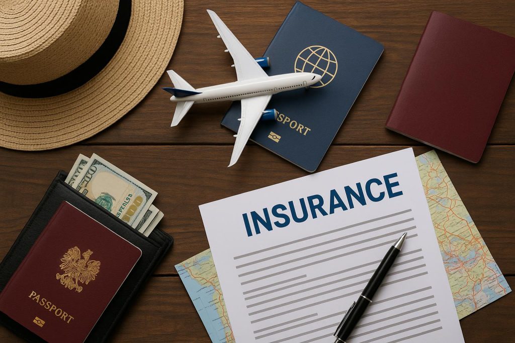 Passport, visa-on-arrival stamp, and travel insurance documents at an international airport counter