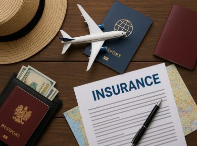Passport, visa-on-arrival stamp, and travel insurance documents at an international airport counter