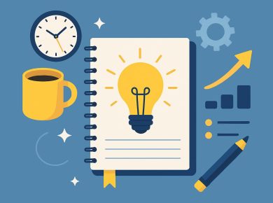 Desk with notebook, coffee, and laptop representing productivity and focus improvement strategies