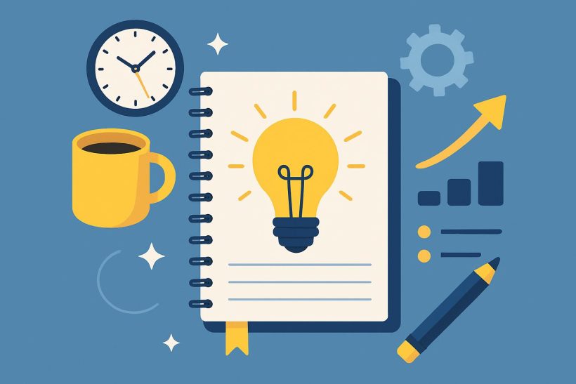 Desk with notebook, coffee, and laptop representing productivity and focus improvement strategies