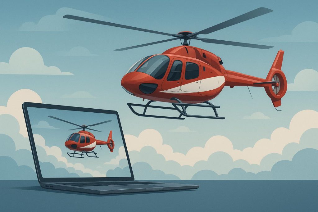 Modern helicopter flying above cityscape, representing online helicopter pilot training courses