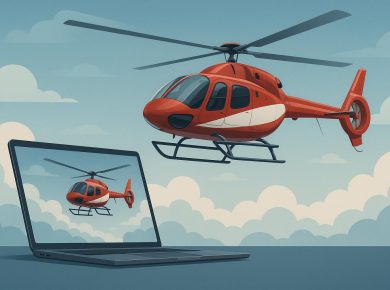 Modern helicopter flying above cityscape, representing online helicopter pilot training courses