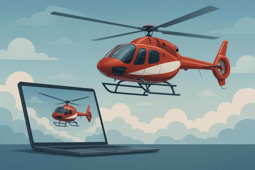 Modern helicopter flying above cityscape, representing online helicopter pilot training courses
