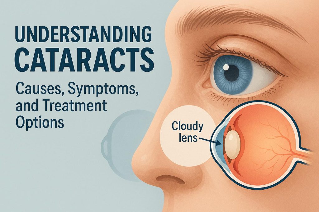 Close-up of an eye showing cloudy lens, illustrating cataract causes and treatment options