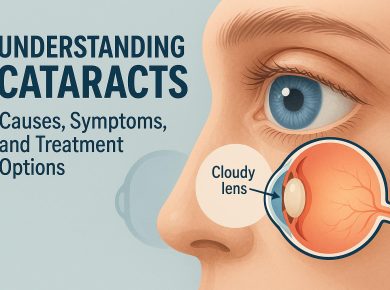 Close-up of an eye showing cloudy lens, illustrating cataract causes and treatment options