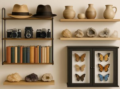 Colorful home shelf showcasing neatly arranged collectibles, figurines, and display cases