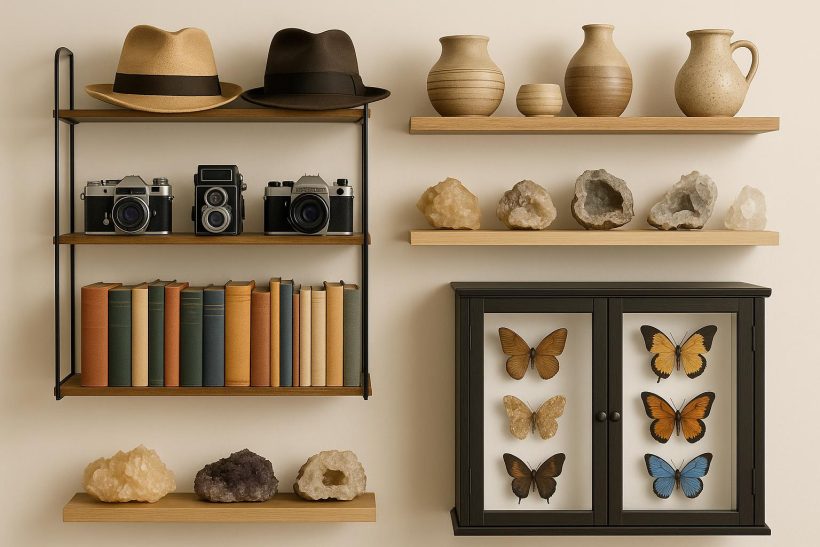 Colorful home shelf showcasing neatly arranged collectibles, figurines, and display cases