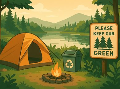 Eco-friendly campsite setup with reusable gear and minimal waste promoting sustainable camping