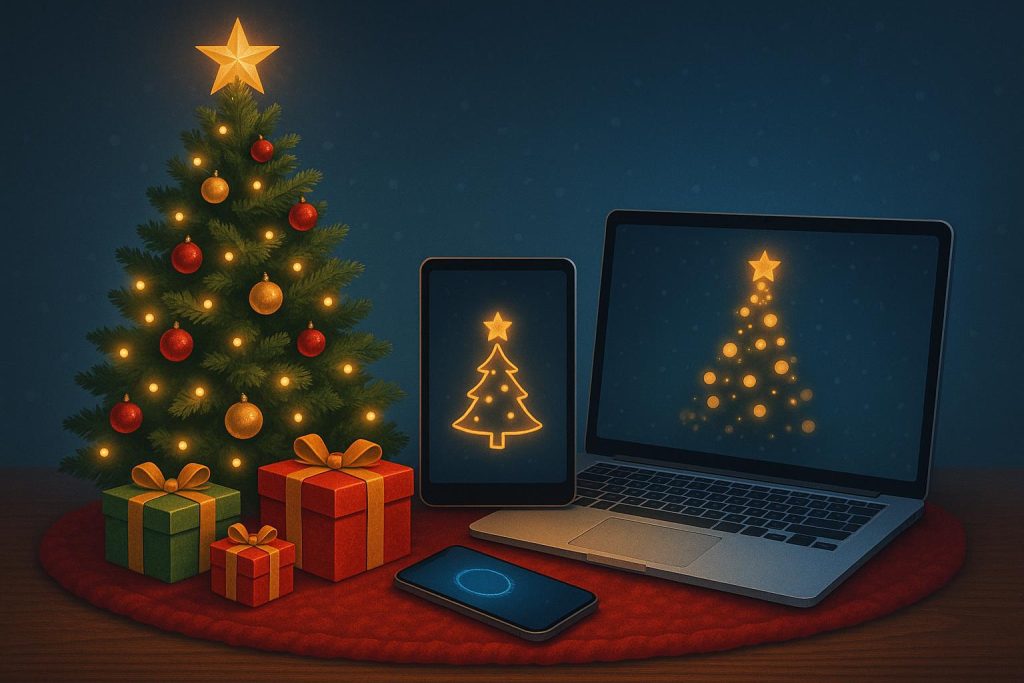 Smart home devices, virtual gifts, and festive apps enhancing modern Christmas celebrations