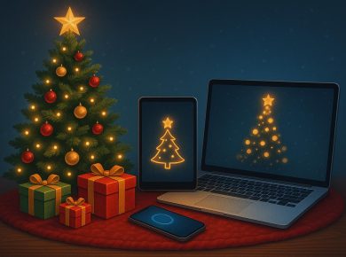 Smart home devices, virtual gifts, and festive apps enhancing modern Christmas celebrations