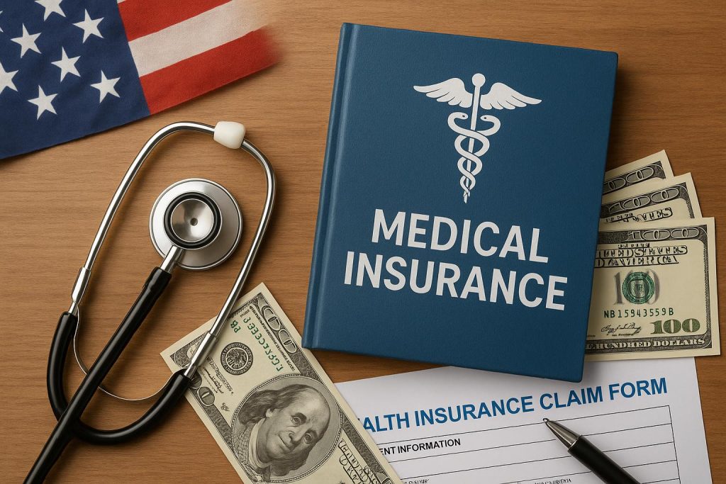 Health insurance card, stethoscope, and US flag symbolizing American medical insurance coverage