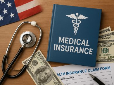 Health insurance card, stethoscope, and US flag symbolizing American medical insurance coverage