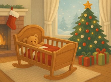 Cozy family celebrating first holiday season with newborn, festive decorations in background