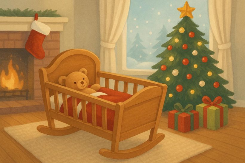 Cozy family celebrating first holiday season with newborn, festive decorations in background