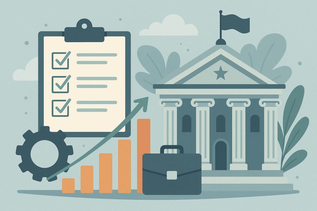 Government efficiency concept with gears, charts, and digital tools symbolizing streamlined processes