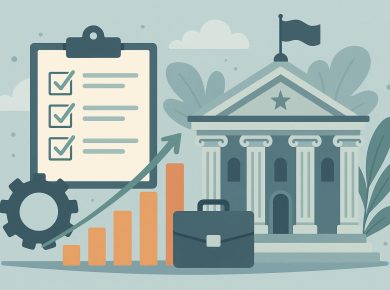 Government efficiency concept with gears, charts, and digital tools symbolizing streamlined processes