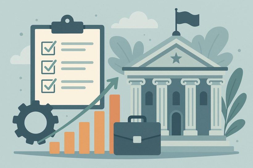 Government efficiency concept with gears, charts, and digital tools symbolizing streamlined processes