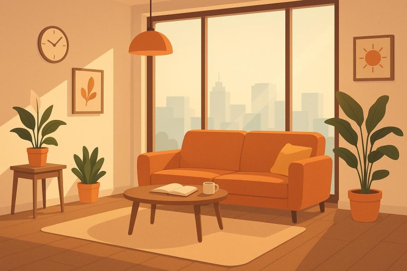 Bright modern condo living room with natural light, plants, and uplifting decor for positivity