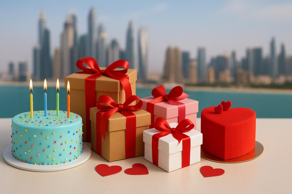 Colorful birthday and Valentine gifts displayed amid festive decorations in Dubai and Abu Dhabi