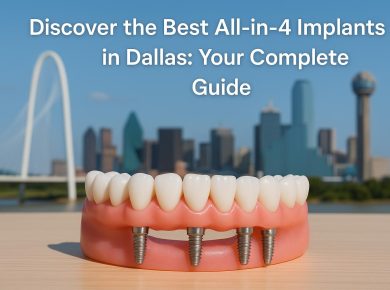 Dental implants and jaw model showcasing All-in-4 implant procedure in Dallas dental clinic