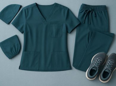 Moisture-wicking scrubs in bright colors displayed for healthcare professionals' comfort and style