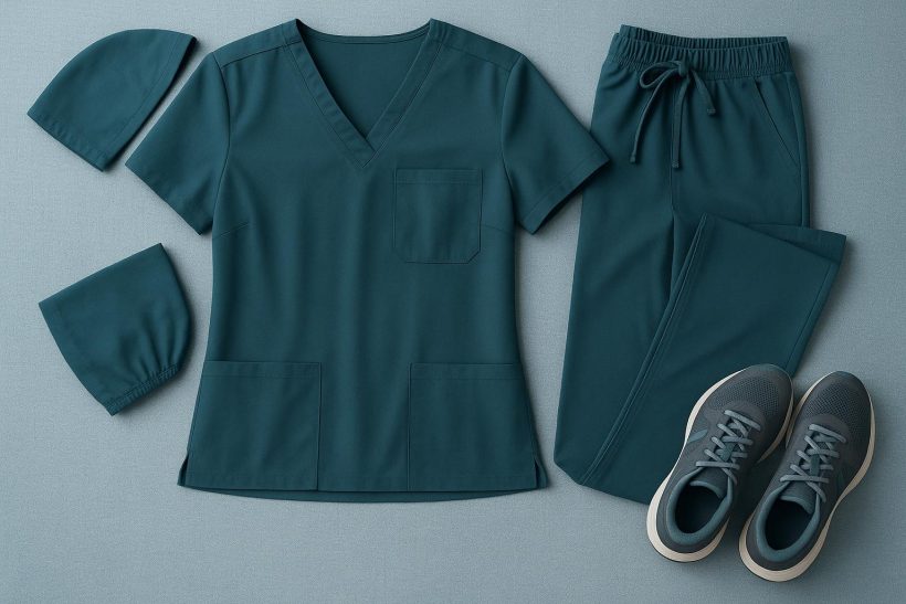 Moisture-wicking scrubs in bright colors displayed for healthcare professionals' comfort and style