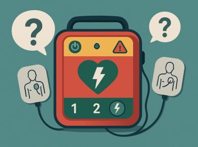 Automated external defibrillator AED device with clear instruction labels, promoting public awareness