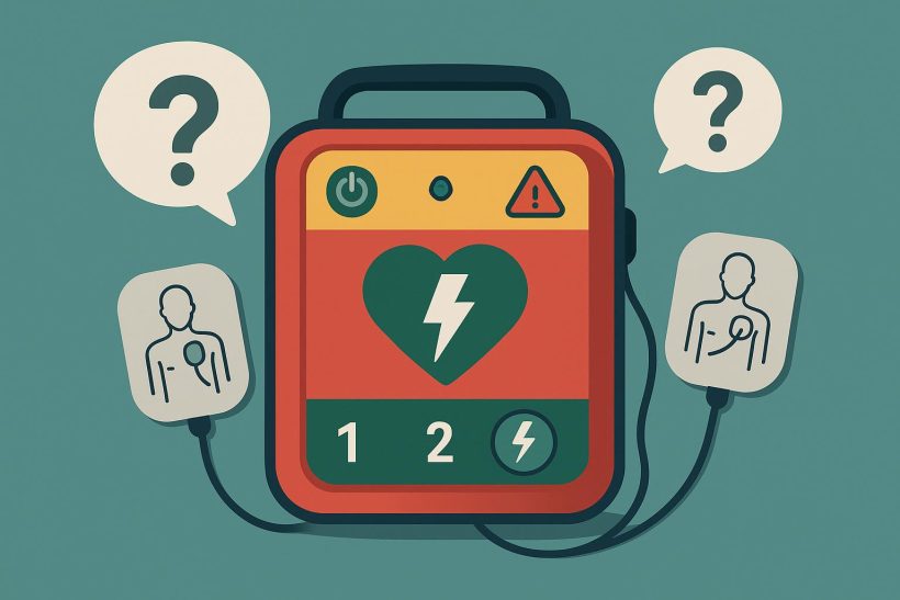 Automated external defibrillator AED device with clear instruction labels, promoting public awareness