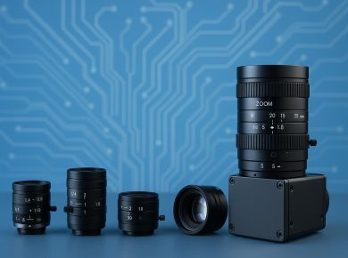 Close-up of various machine vision lenses used in industrial automation and optical inspection systems