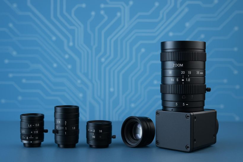 Close-up of various machine vision lenses used in industrial automation and optical inspection systems