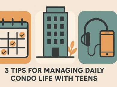 Teenagers interacting in a modern condo living room, highlighting daily family life and organization