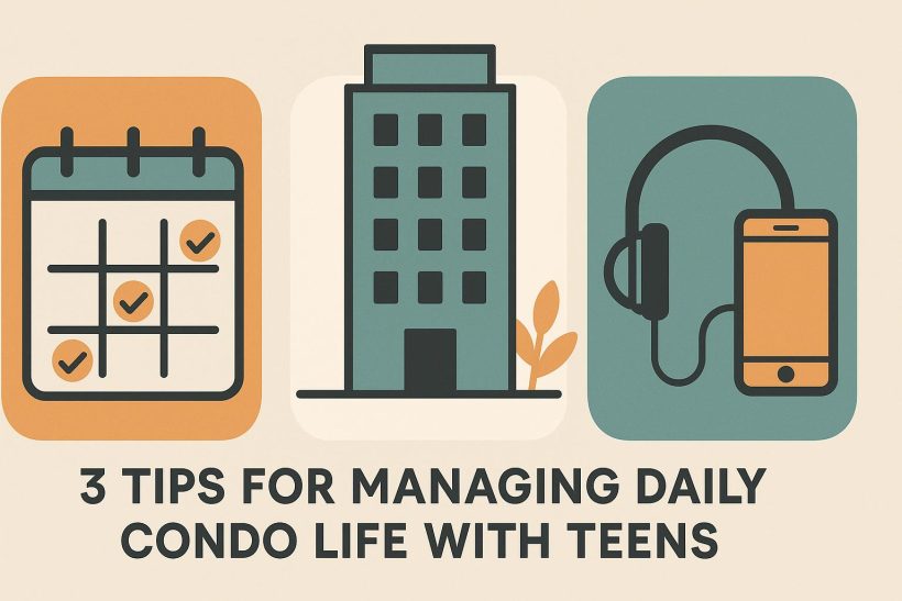 Teenagers interacting in a modern condo living room, highlighting daily family life and organization