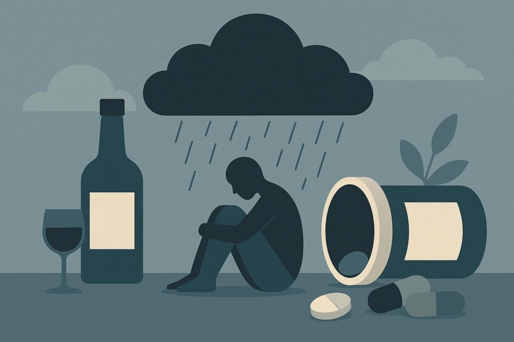 Dark empty room with a single chair, symbolizing loneliness and addiction struggles