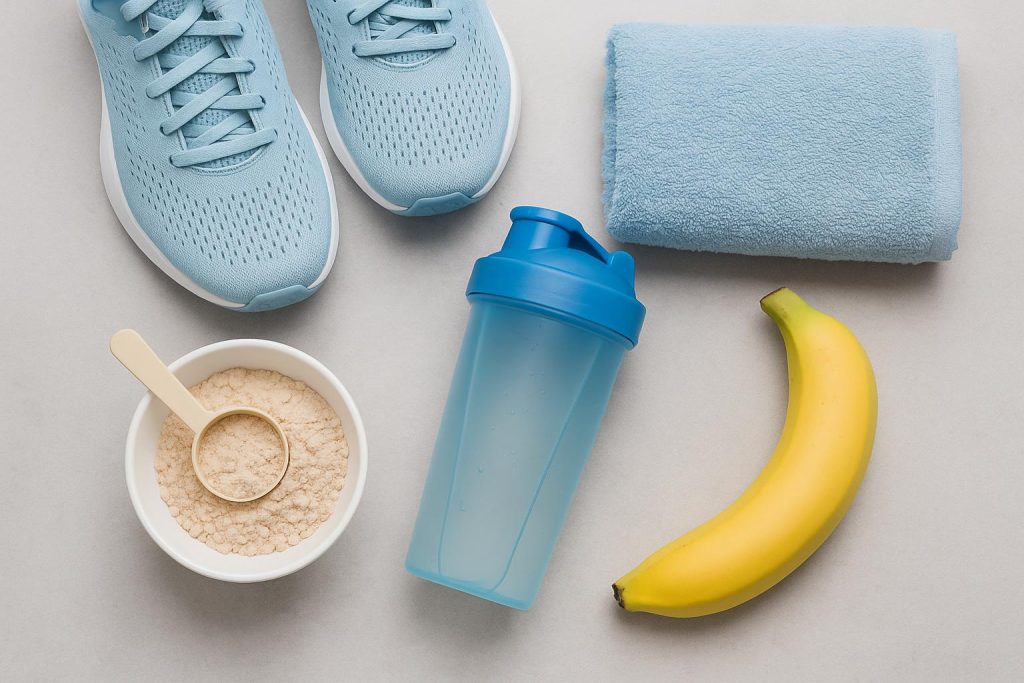 Healthy smoothie, water bottle, and gym towel on a wooden table for post-workout recovery tips