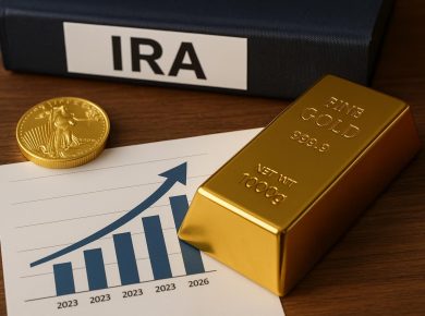 Gold bars and coins stacked beside a 401(k) document representing precious metals IRA options